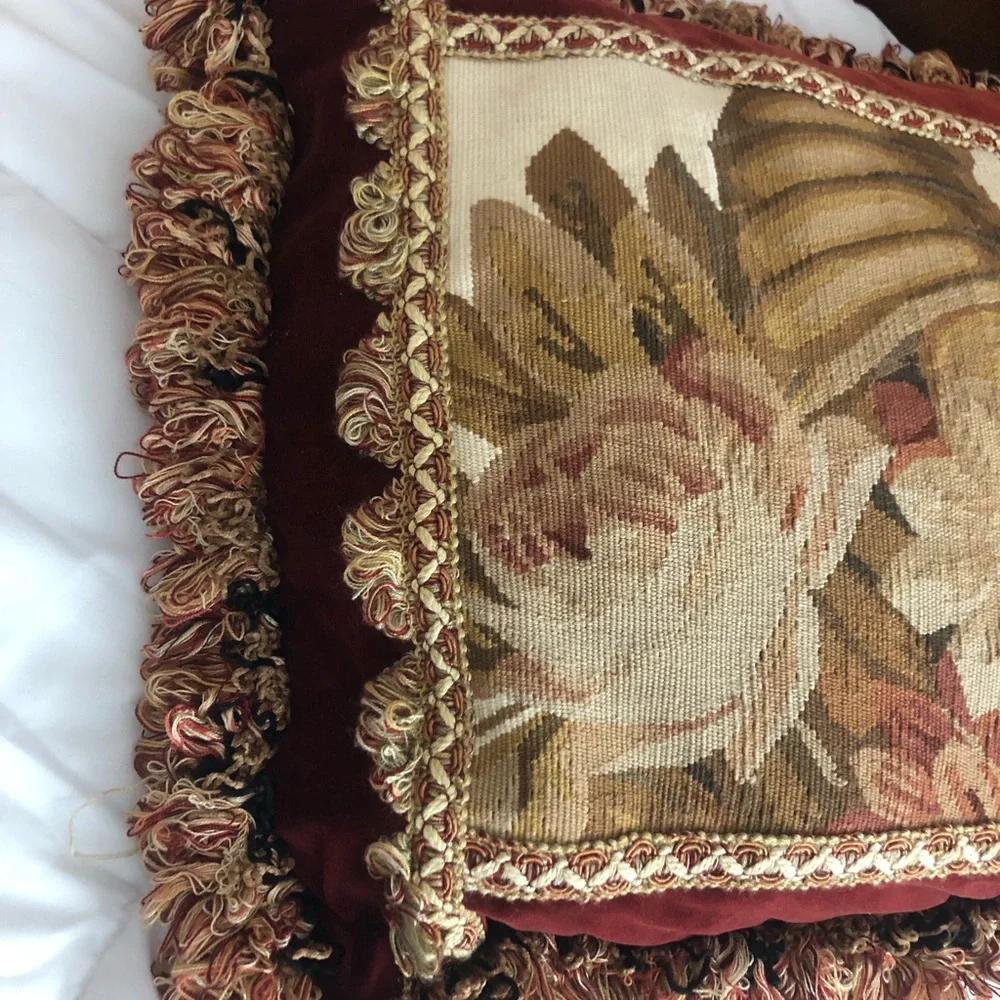 Decorative Floral Tapestry Accent Pillow in Gold, burgundy and Cream